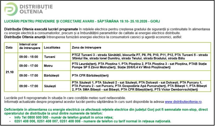 Distribuţie Oltenia anunţă programul de întrerupere a furnizării energiei electrice din data de 21.10.2026