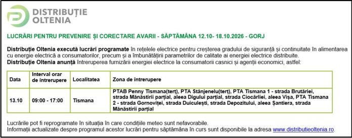 Distribuţie Oltenia anunţă programul de întrerupere a furnizării energiei electrice din data de 13.10.2026